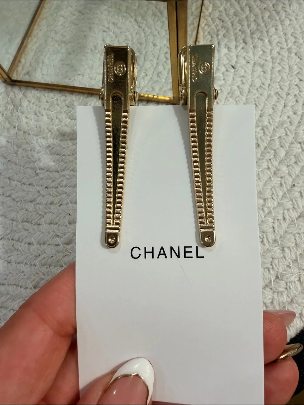 Compliments of CHANEL - 2 Gold Rhinestone Metal Hair Clips - New in bag
